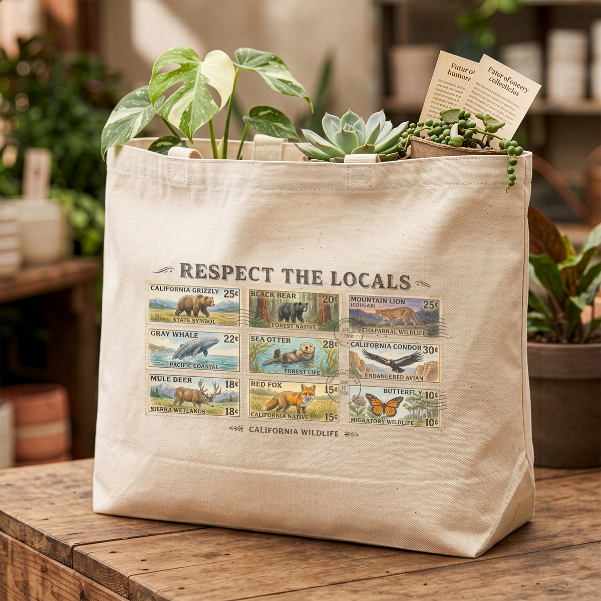 Respect the Locals Tote Bag California Wildlife Vintage Canvas Tote