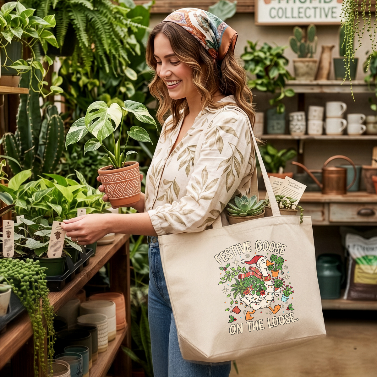 Festive Goose On The Loose Tote Bag Funny Christmas Plant Lover Canvas Tote