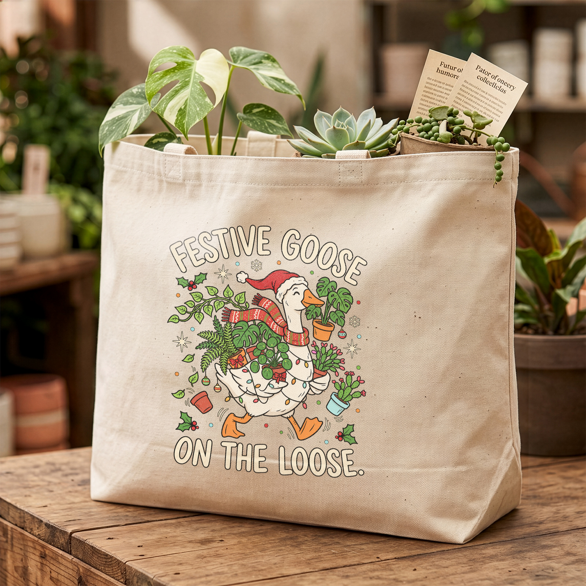 Festive Goose On The Loose Tote Bag Funny Christmas Plant Lover Canvas Tote