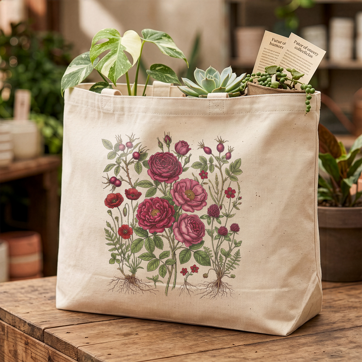 Vintage Rose Botanical Tote Bag Cottagecore Floral Canvas Tote
