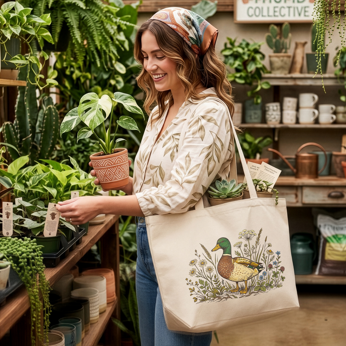 Mallard Duck Tote Bag Vintage Wildflower Cottagecore Canvas Tote