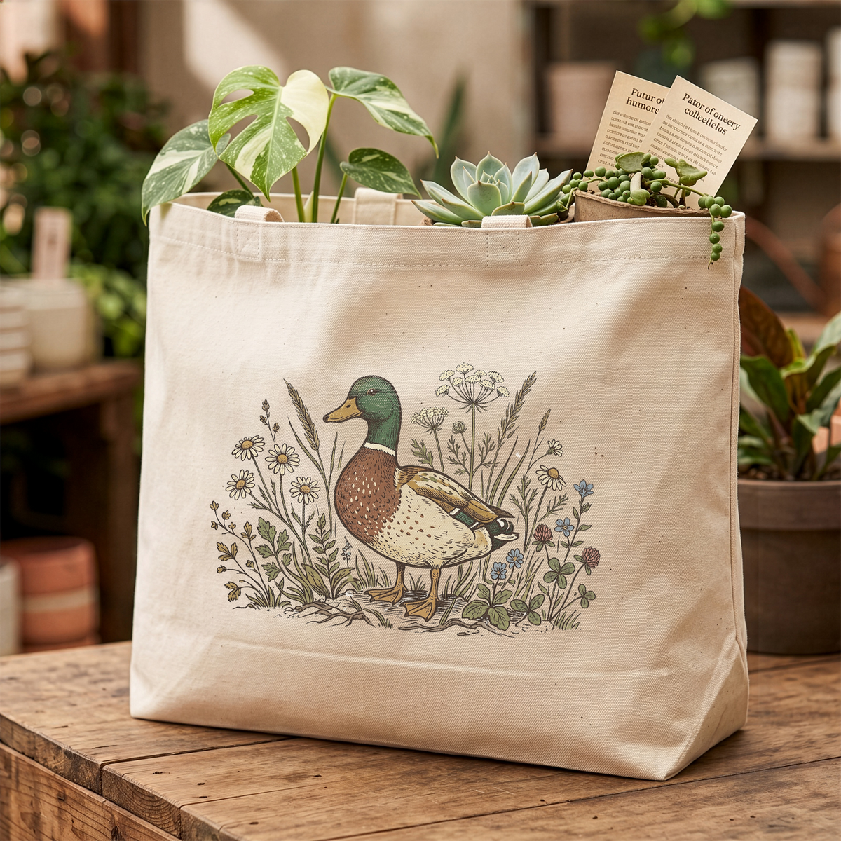 Mallard Duck Tote Bag Vintage Wildflower Cottagecore Canvas Tote