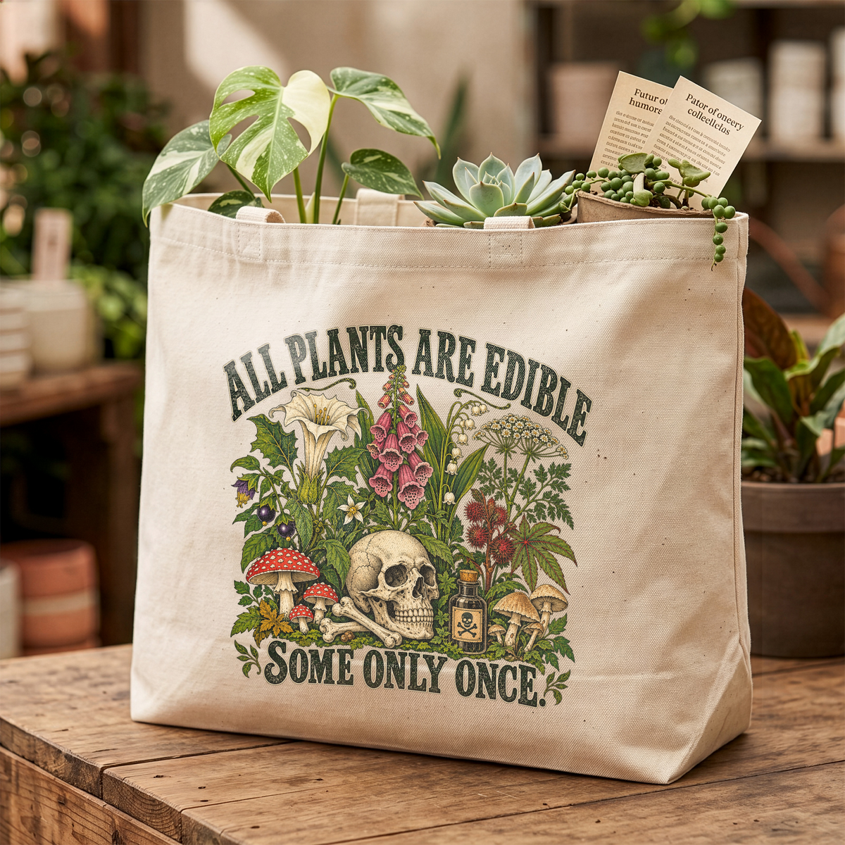 All Plants Are Edible Tote Bag Funny Botanical Canvas Tote
