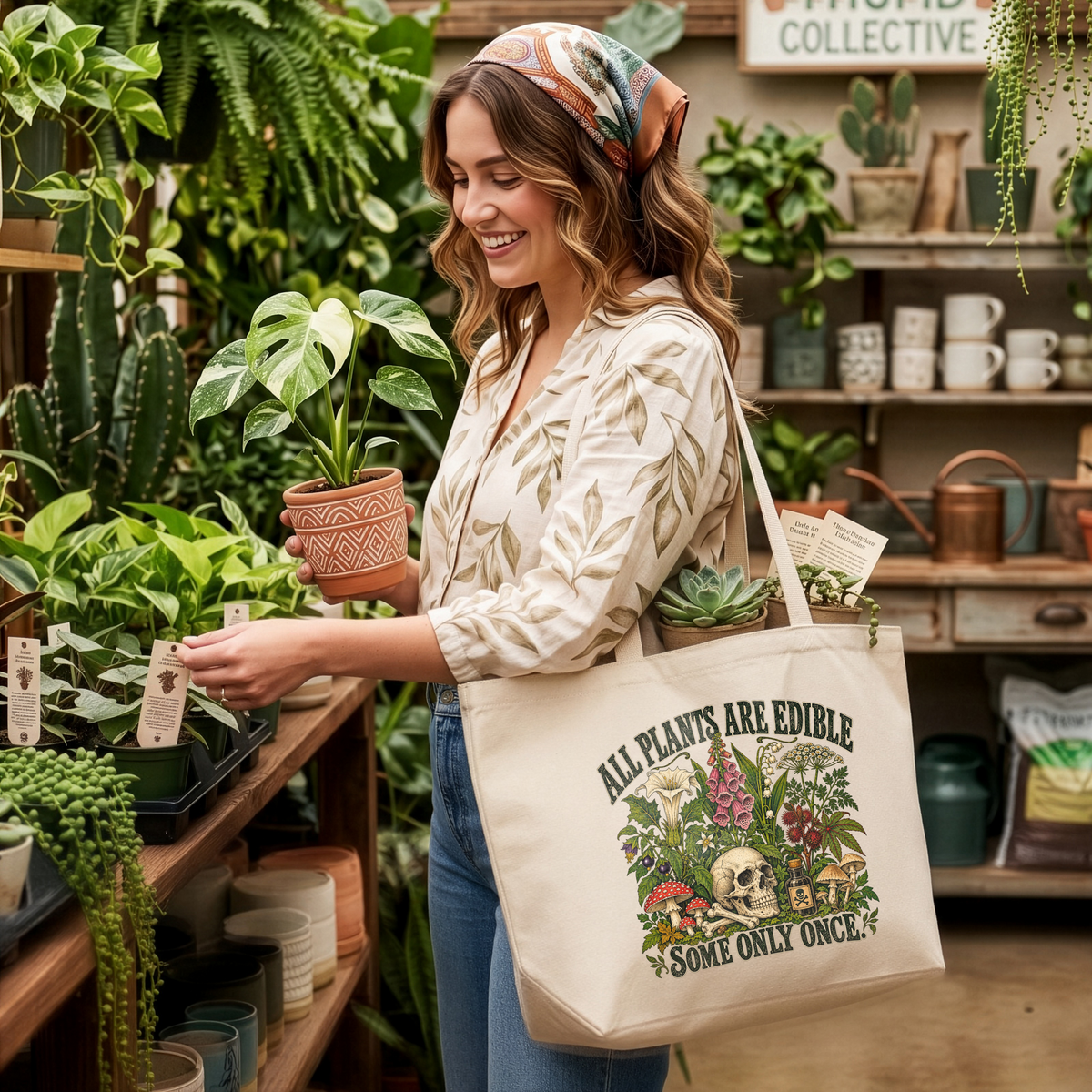 All Plants Are Edible Tote Bag Funny Botanical Canvas Tote