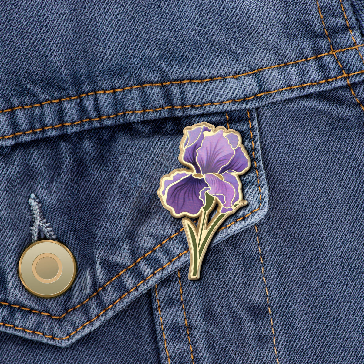 Iris birth flower enamel pin on denim