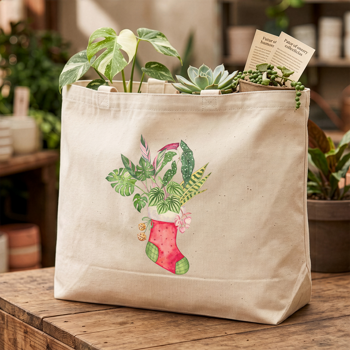 Christmas Stocking Plant Tote Bag, Plant Lover Holiday Canvas Tote