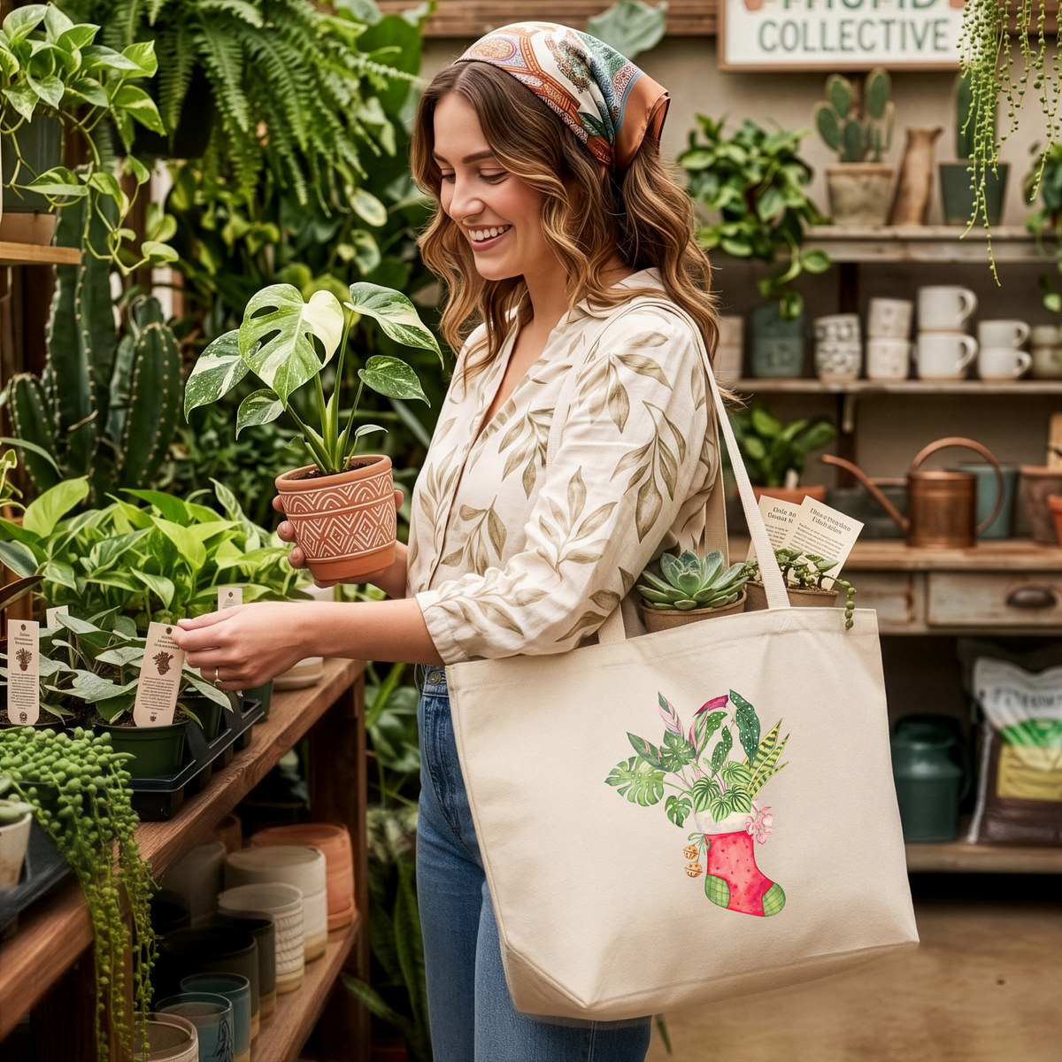 Christmas Stocking Plant Tote Bag, Plant Lover Holiday Canvas Tote