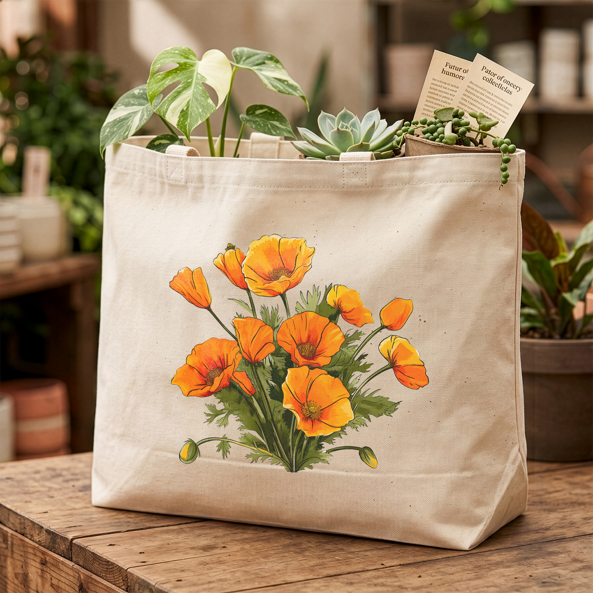 California Poppy Tote Bag, Wildflower Botanical Canvas Tote