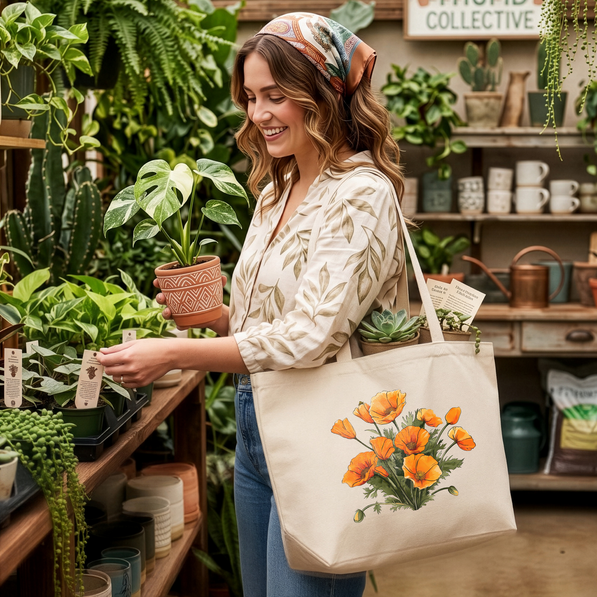 California Poppy Tote Bag, Wildflower Botanical Canvas Tote