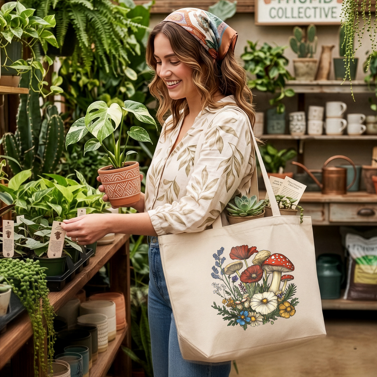 Wildflower Mushroom Tote Bag Cottagecore Botanical Canvas Tote
