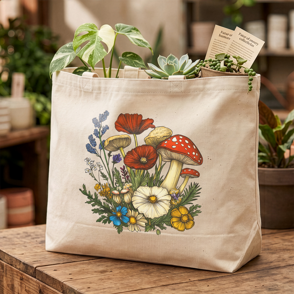 Wildflower Mushroom Tote Bag Cottagecore Botanical Canvas Tote