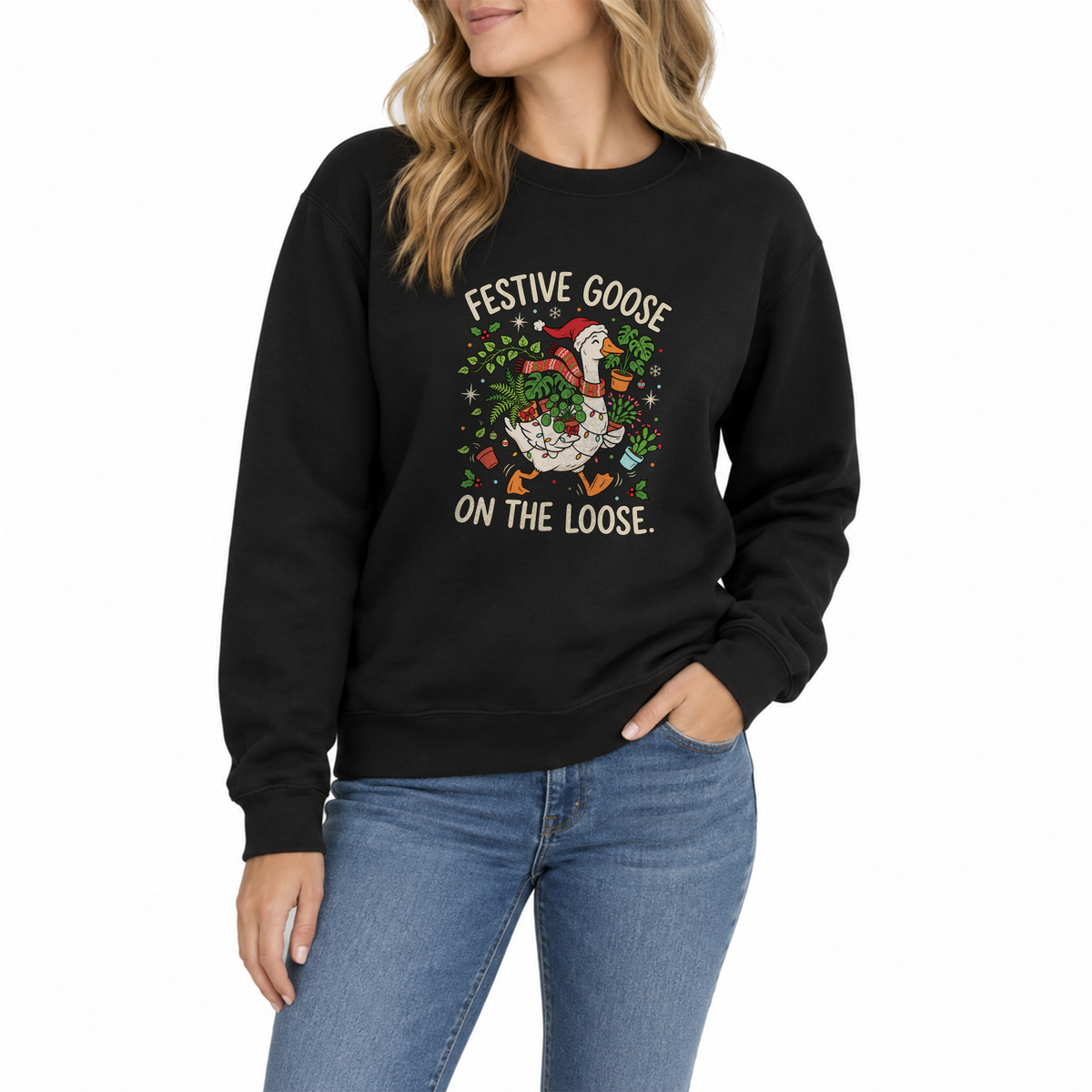 Festive Goose On The Loose Sweatshirt Funny Christmas Plant Lover Crewneck