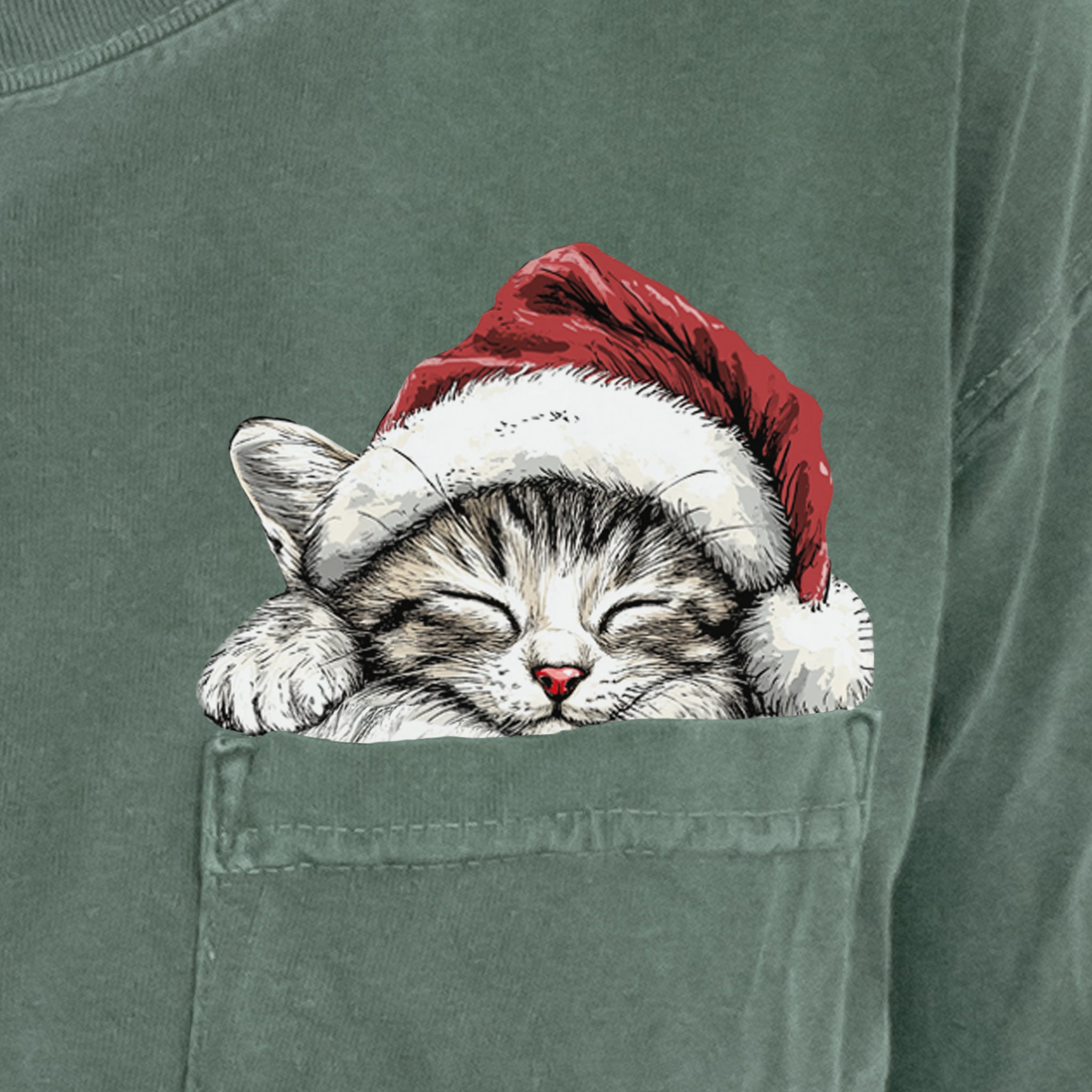 Christmas Cat Pocket Tee – Green Soft Comfort Colors