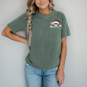 Christmas Cat Pocket Tee – Green Soft Comfort Colors