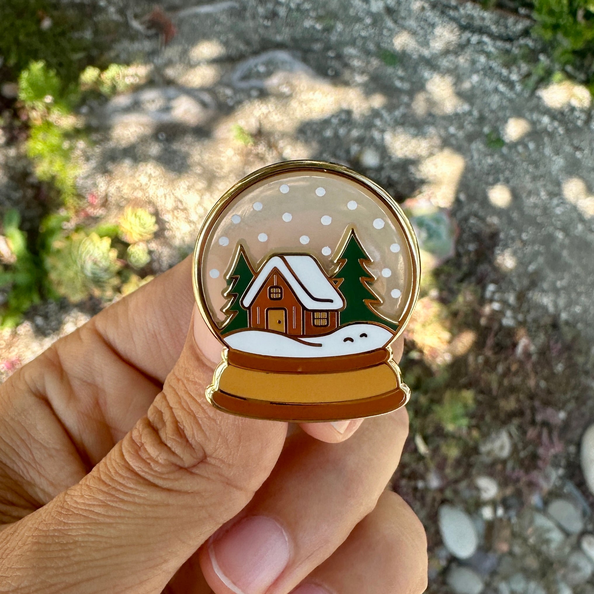 Snow Globe Enamel Pin with Cozy Cabin | Winter Holiday Lapel Pin | Christmas Snowy Cottage Badge | Cute Stocking Stuffer Gift