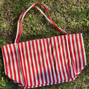 casual travel tote bag Red & Cream Striped Tote Bag, Large Shoulder Bag, Beach Bag, Summer Market Bag, Casual Everyday Tote, Travel Bag, Boho Striped Handbag, Gift for Her