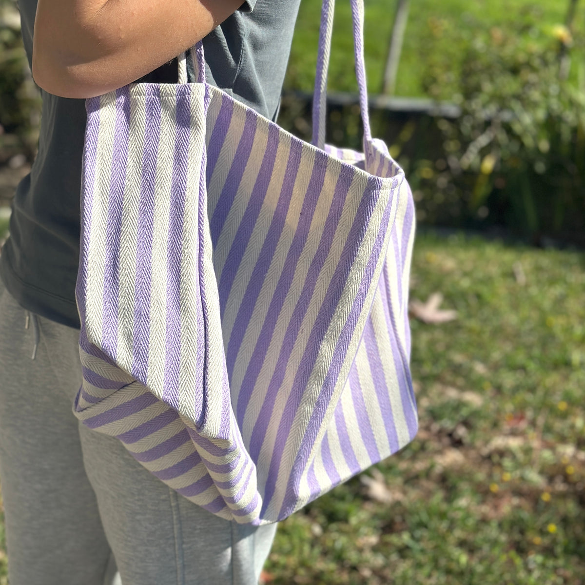 Purple & Cream Striped Tote Bag