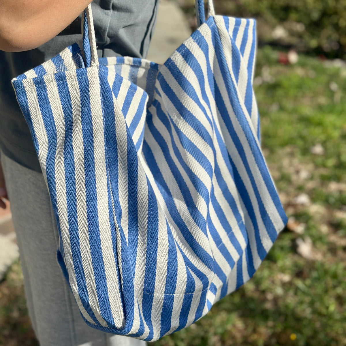 Blue & Cream Striped Tote Bag