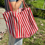 Load image into Gallery viewer, Red &amp; Cream Striped Tote Bag, Large Shoulder Bag, Beach Bag, Summer Market Bag, Casual Everyday Tote, Travel Bag, Boho Striped Handbag, Gift for Her
