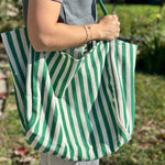 Load image into Gallery viewer, Green &amp; Cream Striped Tote Bag, Large Shoulder Bag, Beach Bag, Summer Market Bag, Casual Everyday Tote, Travel Bag, Boho Striped Handbag, Gift for Her (Copy) (Copy)
