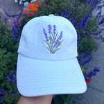 Load image into Gallery viewer, Lavender Embroidered Dad Hat – Botanical Flower Baseball Cap, Cottagecore Lavender Hat, Minimalist Floral Plant Lover Gift
