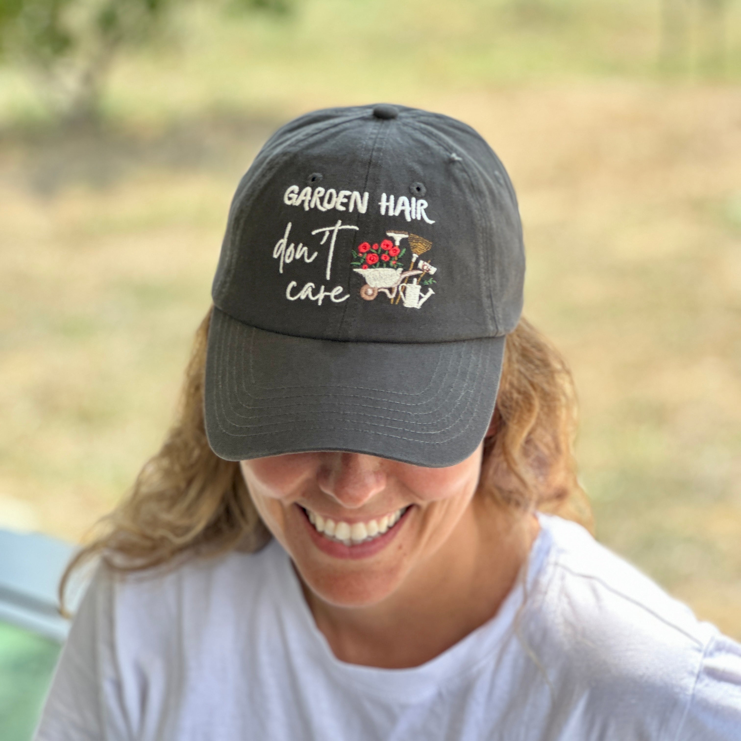 "Garden Hair, Don't Care" Embroidered Hat - Plant Lover's Cap, Nature-Inspired Baseball Hat, Gardening Gift for Her