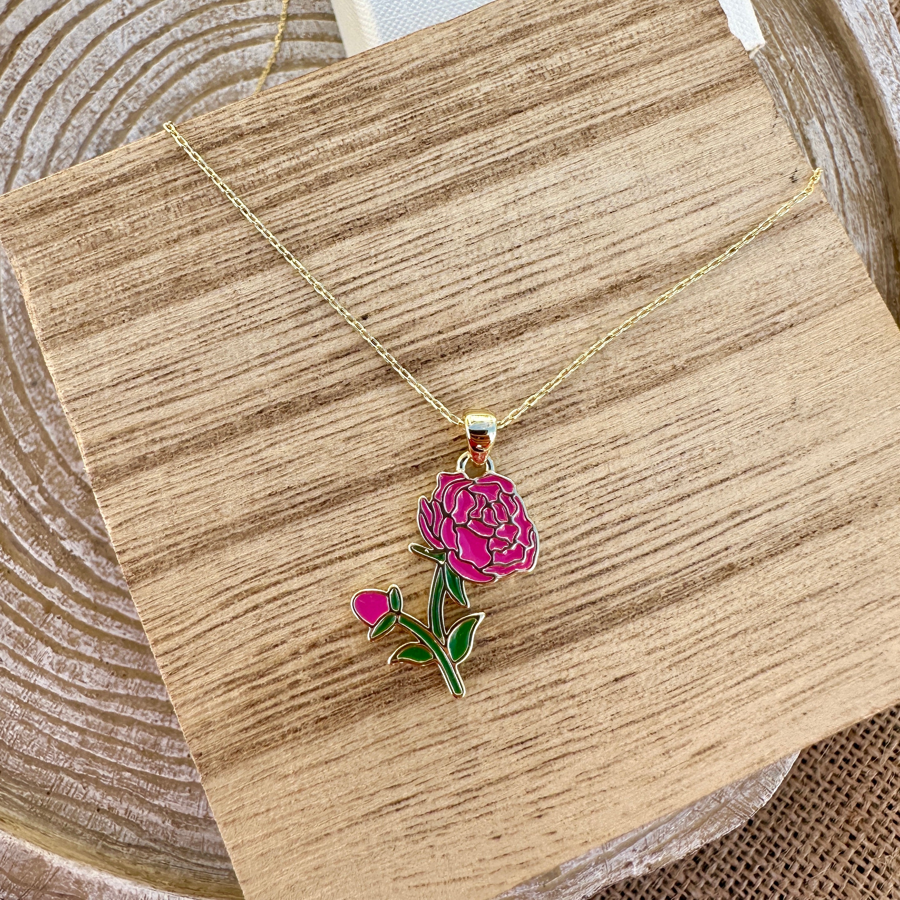 Peony Necklace – November Birth Flower Pendant, Elegant Brass Jewelry for Flower Lovers