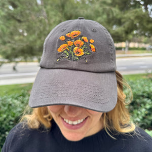 California Poppies Hat – Embroidered Floral Cap, Nature-Inspired California Flower Design, Adjustable Hat for Garden Lovers