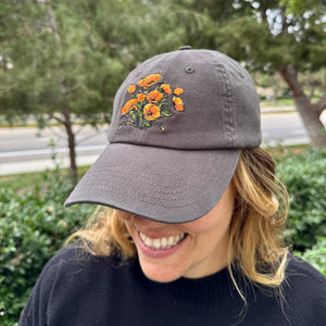 California Poppies Hat – Embroidered Floral Cap, Nature-Inspired California Flower Design, Adjustable Hat for Garden Lovers