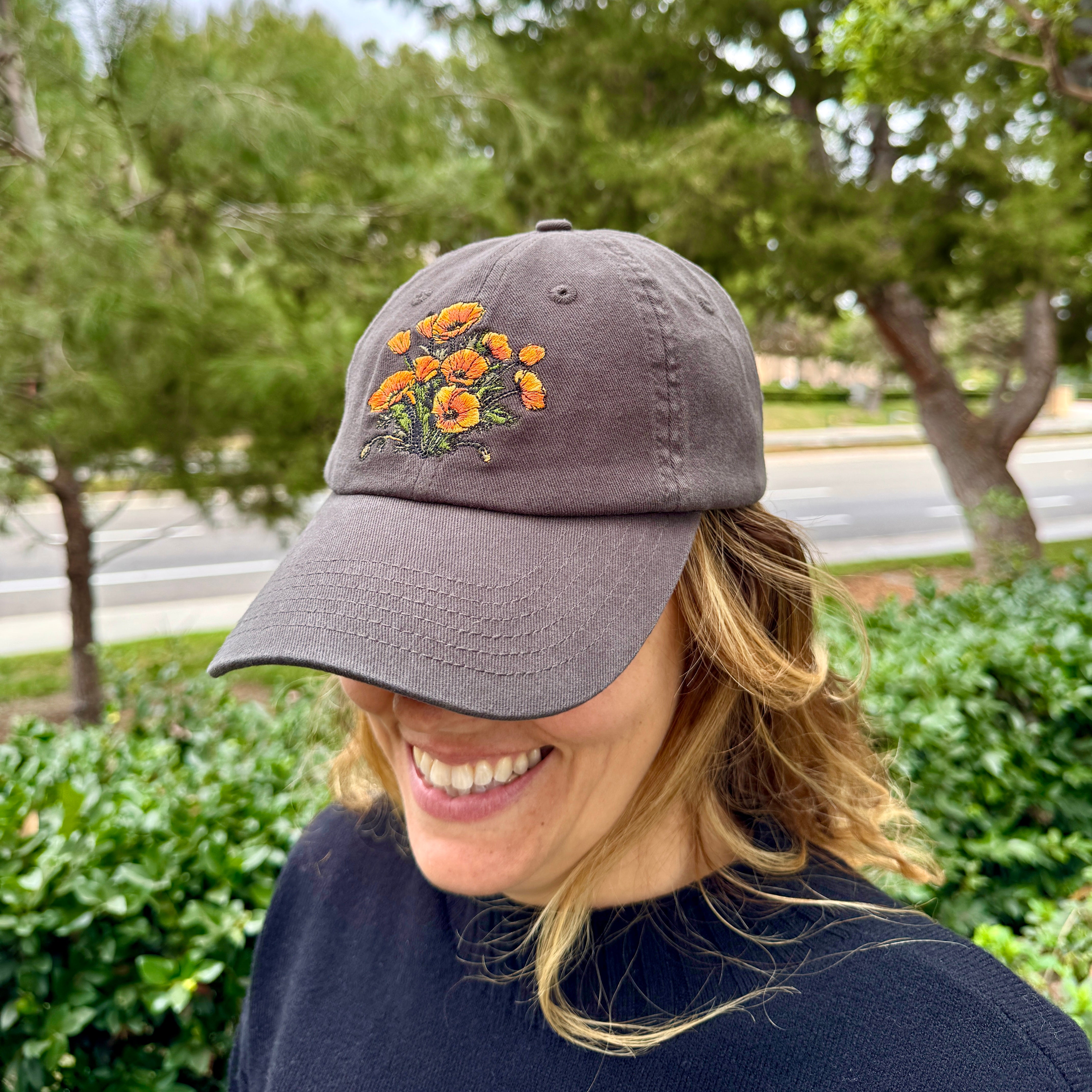 California Poppies Hat – Embroidered Floral Cap, Nature-Inspired California Flower Design, Adjustable Hat for Garden Lovers