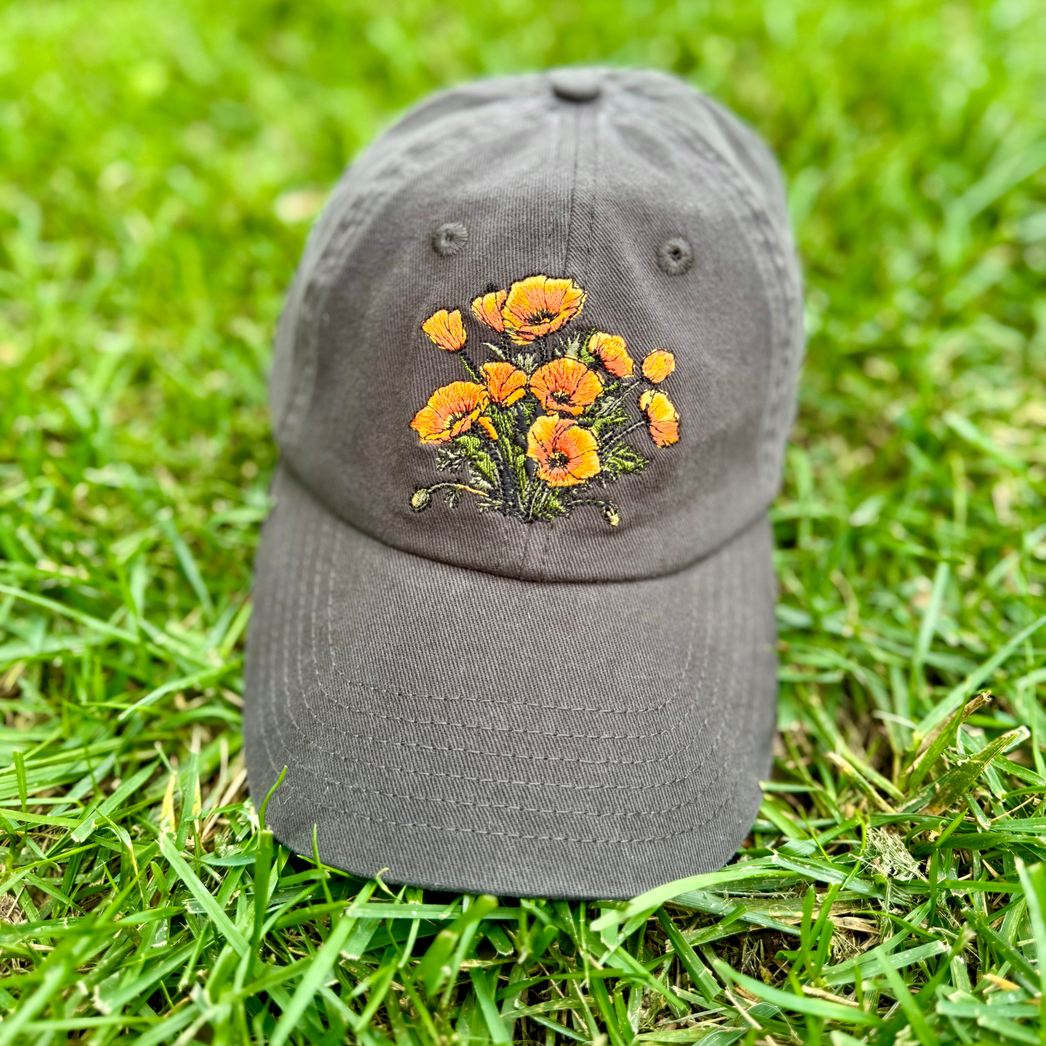 California Poppies Hat – Embroidered Floral Cap, Nature-Inspired California Flower Design, Adjustable Hat for Garden Lovers