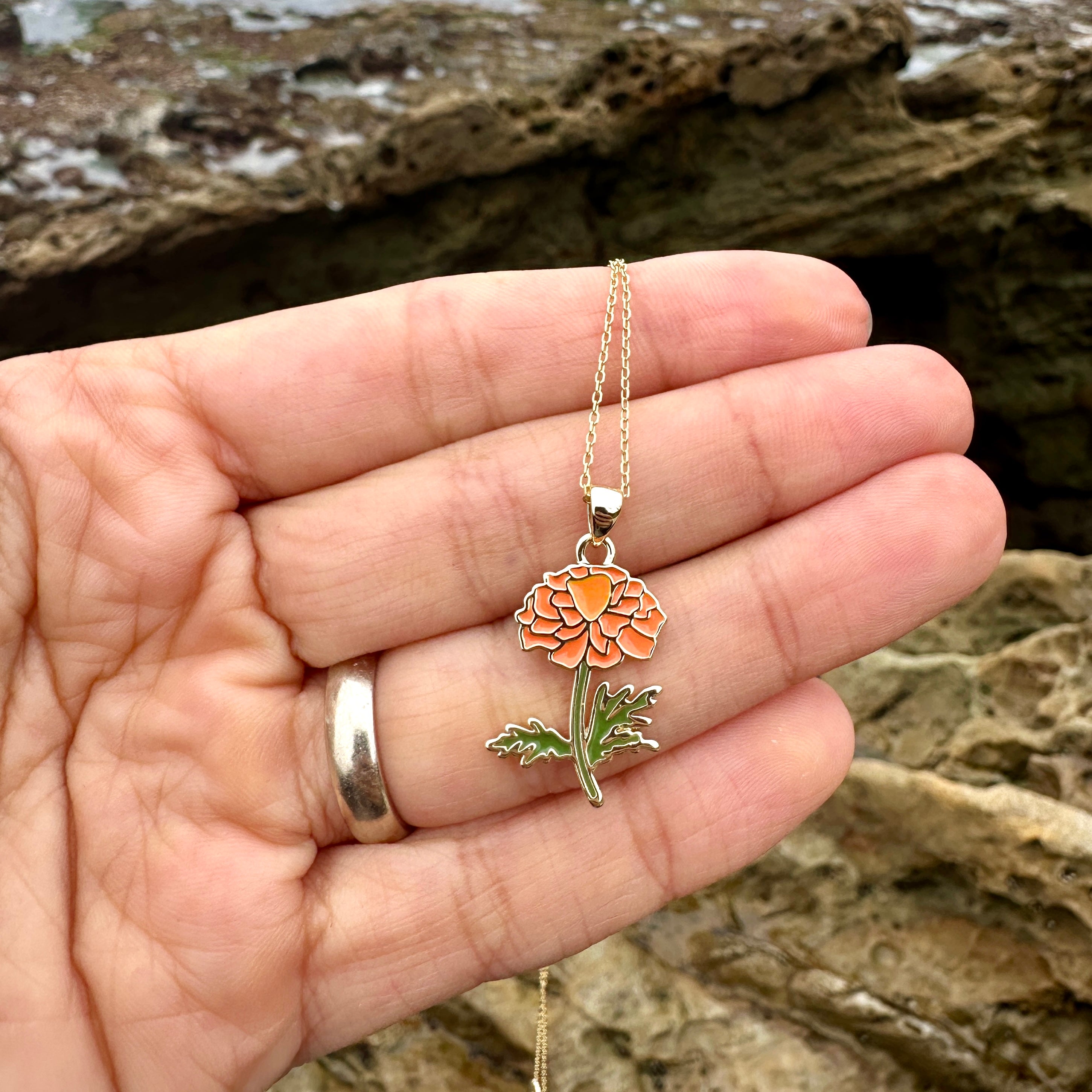 Marigold Necklace – October Birth Flower Jewelry, Dainty Flower Pendant