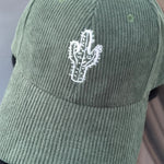Load and play video in Gallery viewer, Corduroy Cactus Hat, Forest Green Dad Cap, Embroidered Plant Lover Hat, Desert Minimalist Cap, Botanical Gift
