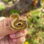Load and play video in Gallery viewer, Rattlesnake Enamel Pin, Reptile Lover Gift, Western Desert Animal Pin, Nature Inspired Lapel Pin
