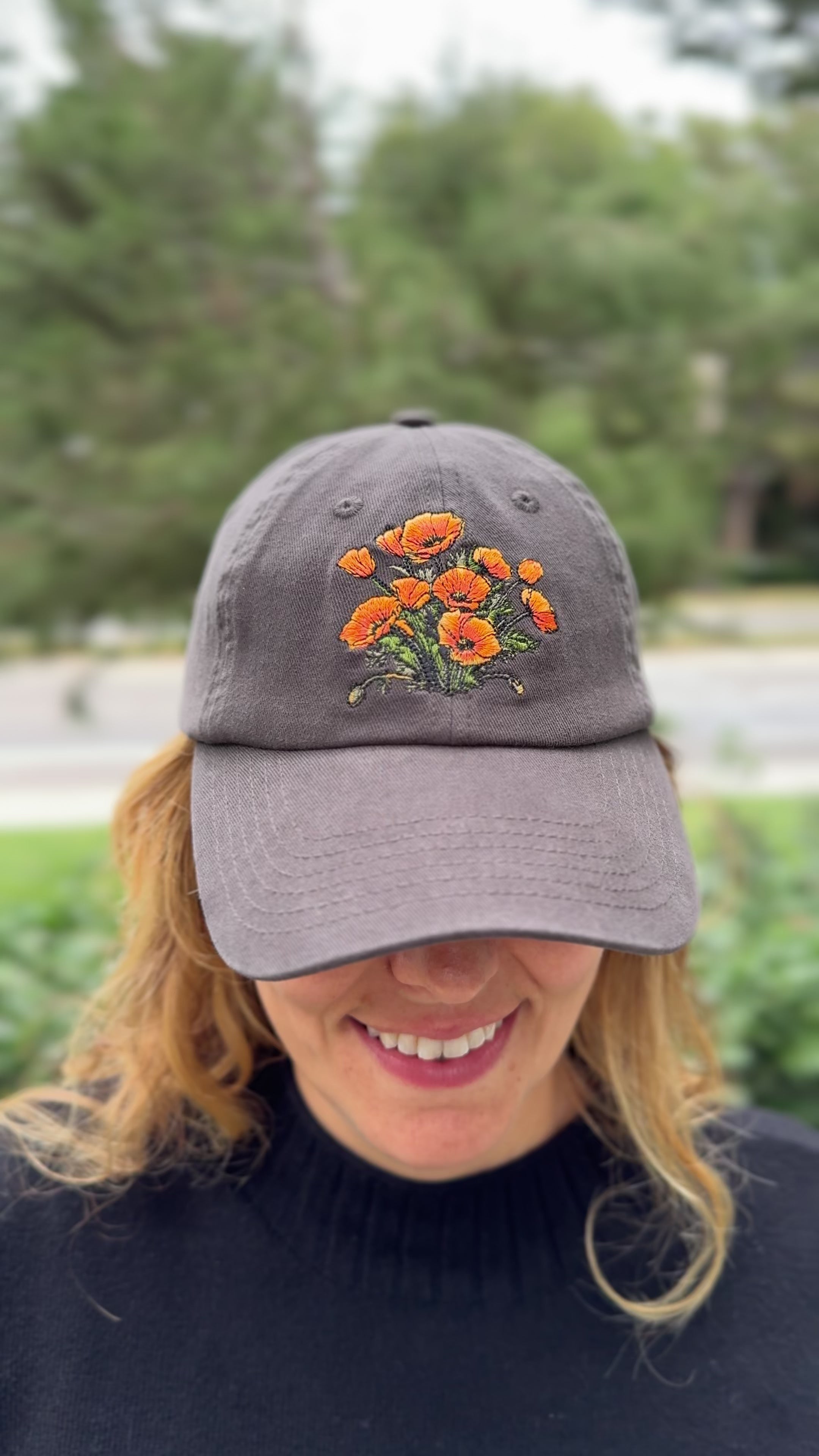 California Poppies Hat – Embroidered Floral Cap, Nature-Inspired California Flower Design, Adjustable Hat for Garden Lovers