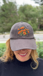 Load and play video in Gallery viewer, California Poppies Hat – Embroidered Floral Cap, Nature-Inspired California Flower Design, Adjustable Hat for Garden Lovers
