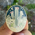 Load and play video in Gallery viewer, Desert Cactus Enamel Pin – Night Desert Botanical Lapel Pin, Saguaro Cactus Badge, Celestial Southwest Plant Lover Gift
