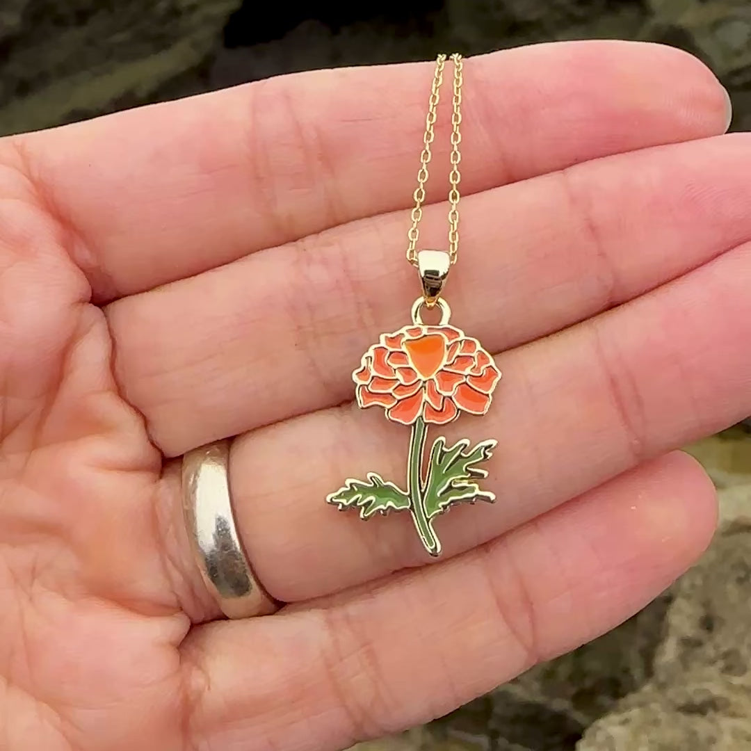 Marigold Necklace – October Birth Flower Jewelry, Dainty Flower Pendant