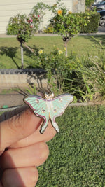Load and play video in Gallery viewer, Luna Moth Enamel Pin –  Butterfly &amp; Moth Lapel Pin, Celestial Nature Pin, Gold Botanical Insect Badge Gift
